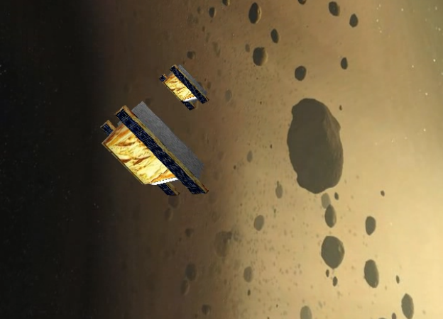 Screenshot of satellites cooperatively exploring an asteroid field